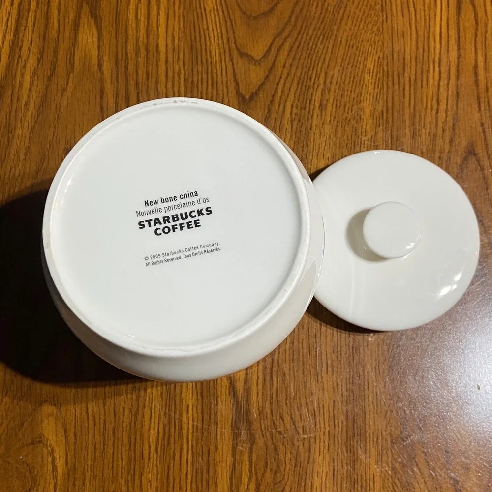 Starbucks White Ceramic Coffee Canister 14oz Mug and‎ 3oz Mini Mug Ornament Set